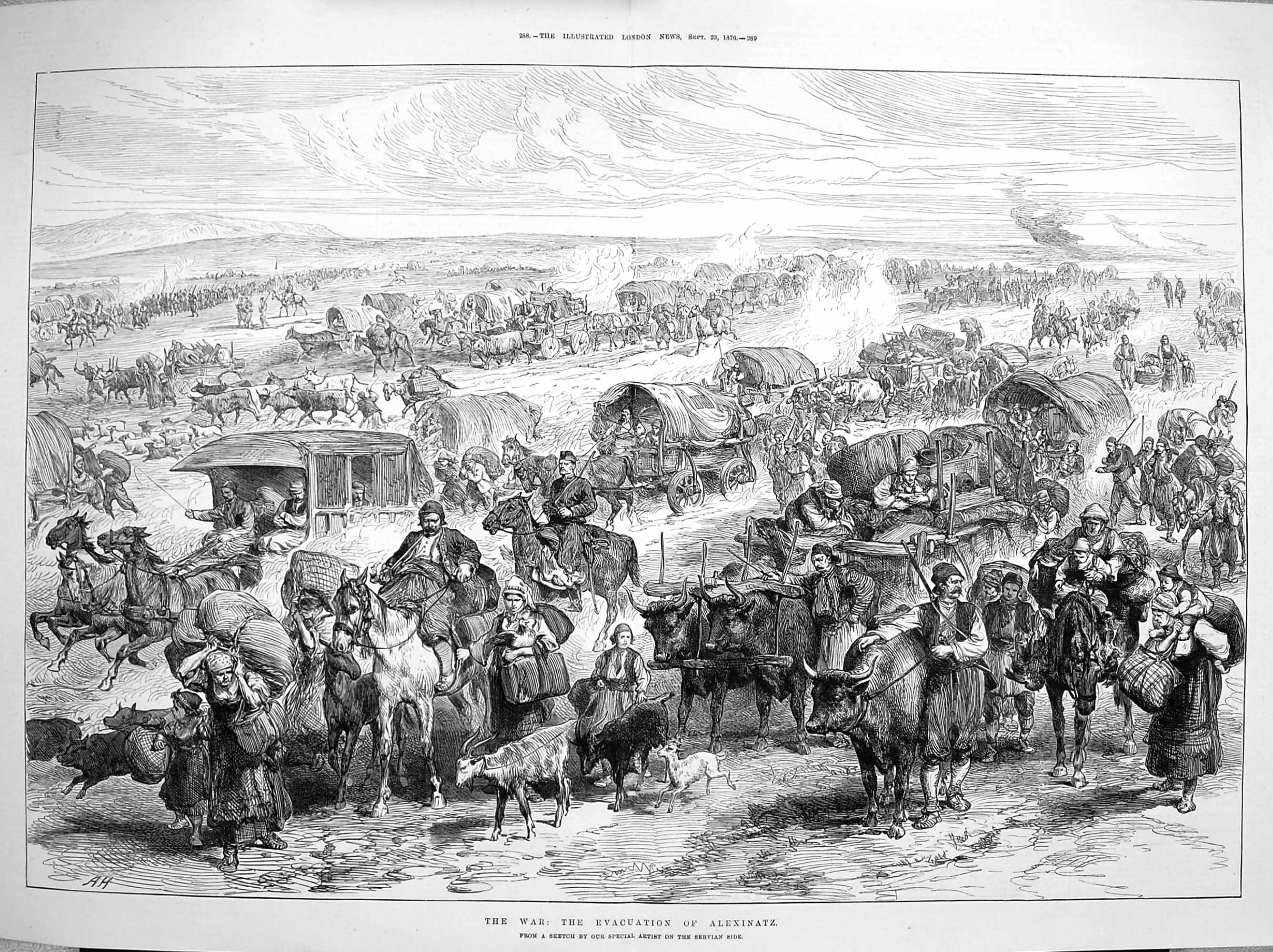 Original Old Antique Print 1876 War Evacuation Alexinatz Servian Sier Carts