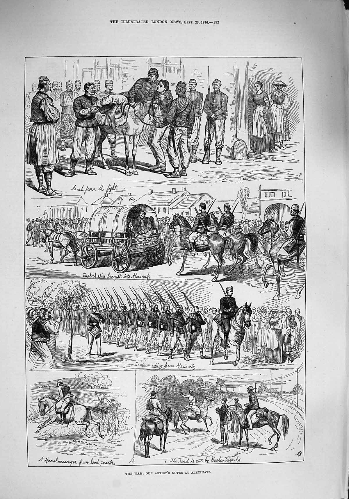 Original Old Antique Print 1876 War Alexinatz Siers Bashi-Bazouks Horses 19th