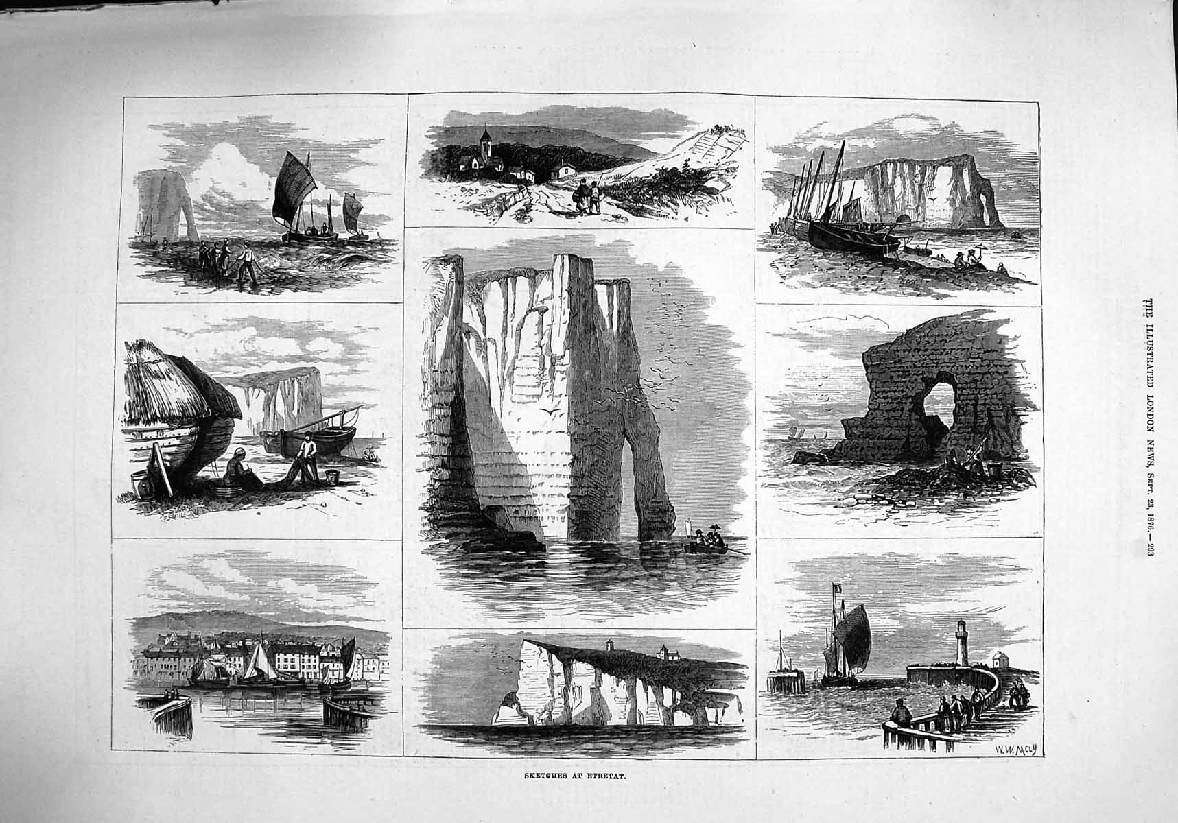 Original Old Antique Print 1876 Etretat Cliffs Sea Fishing Boats 19th