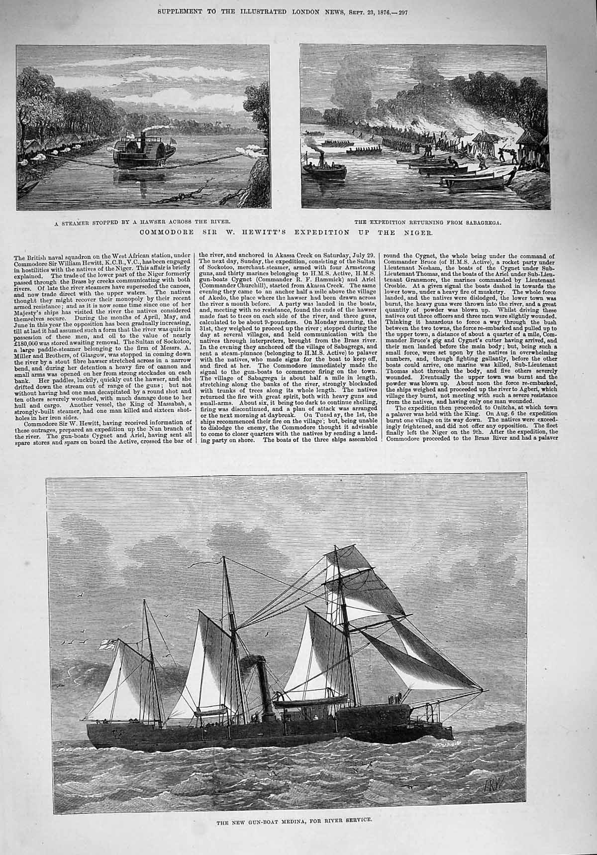 Old Antique Print 1876 Gun-Boat Medina Ship Commodore Hewitt Niger River 19th