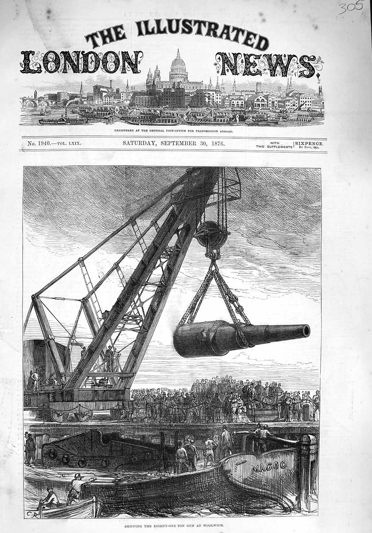 Original Old Antique Print 1876 Shipping Eighty-Ton Gun Woolwich War Weapons