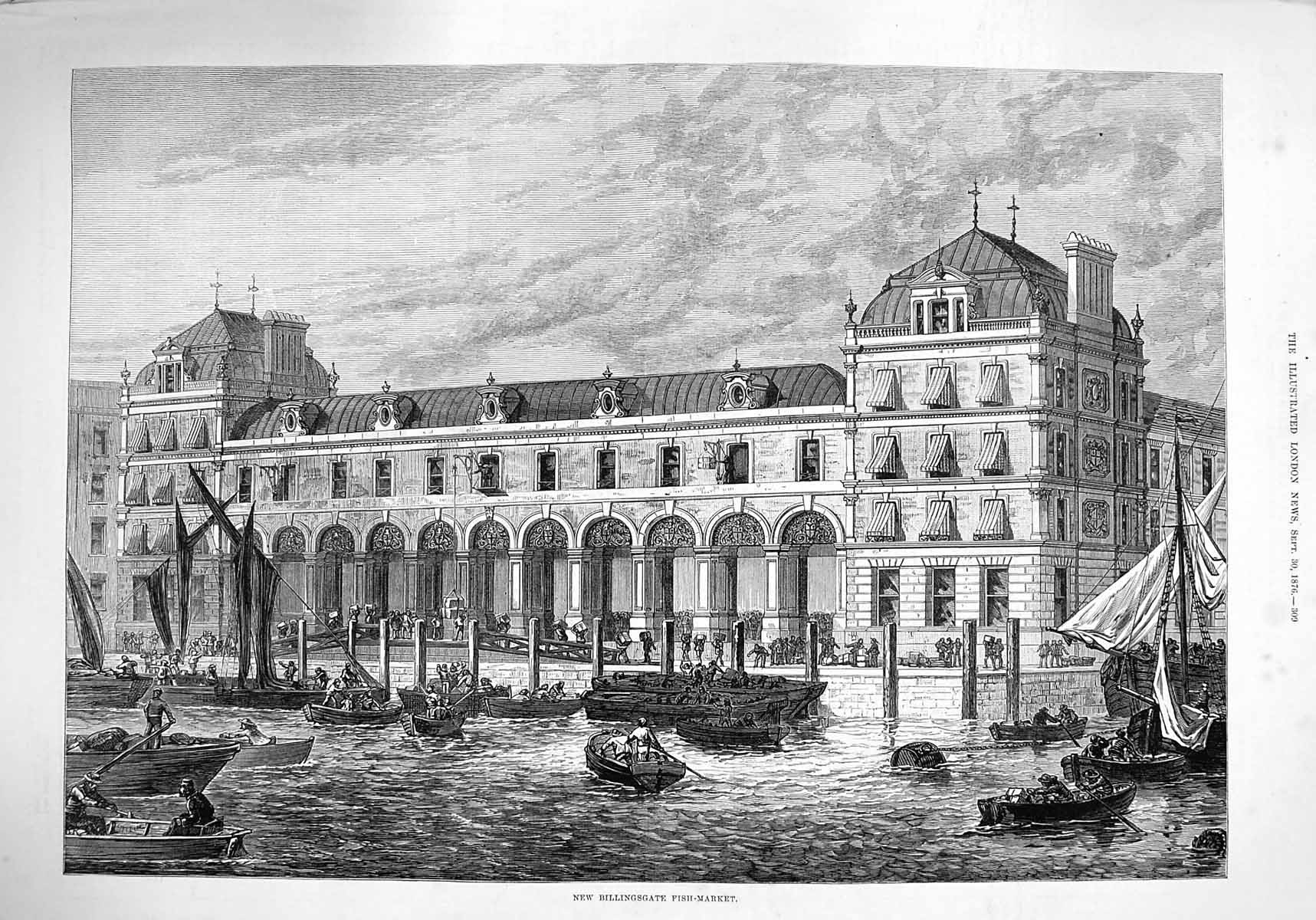 Original Old Antique Print 1876 Exterior New Billingsgate Fish Market Building