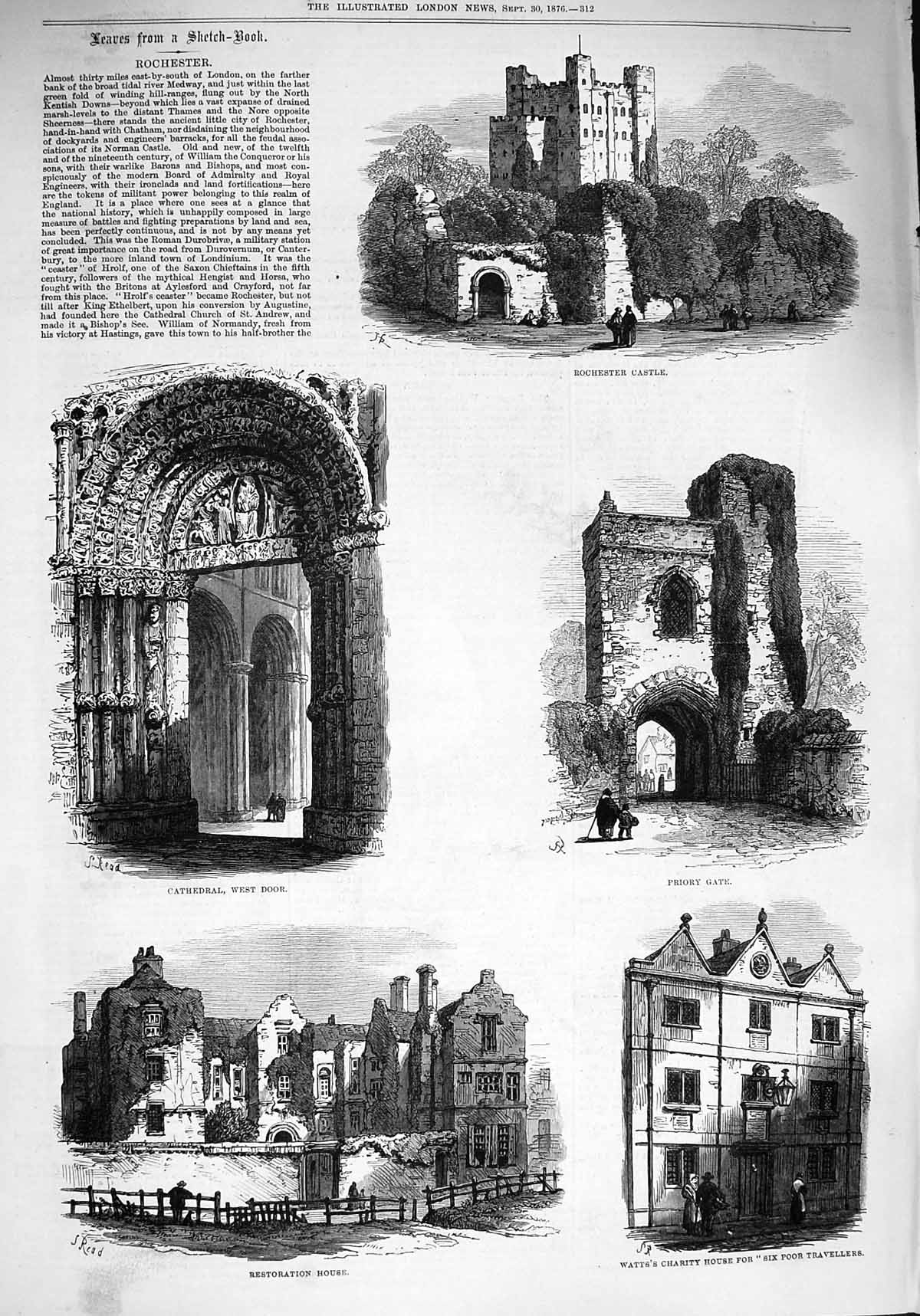 Old Antique Print 1876 Rochester Castle Priory Gate Cathedral Watt House 19th