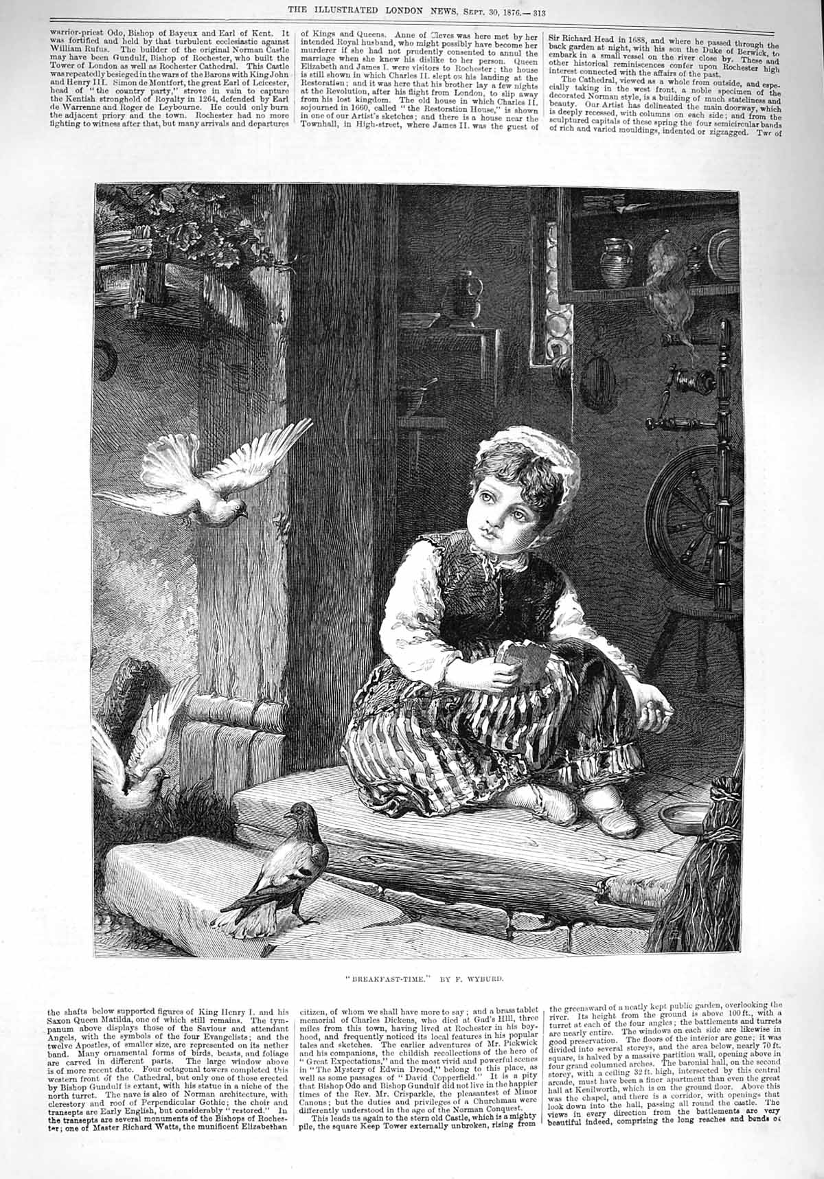Original Old Antique Print 1876 Little Girl Feeding Birds Bread Breakfast-Time