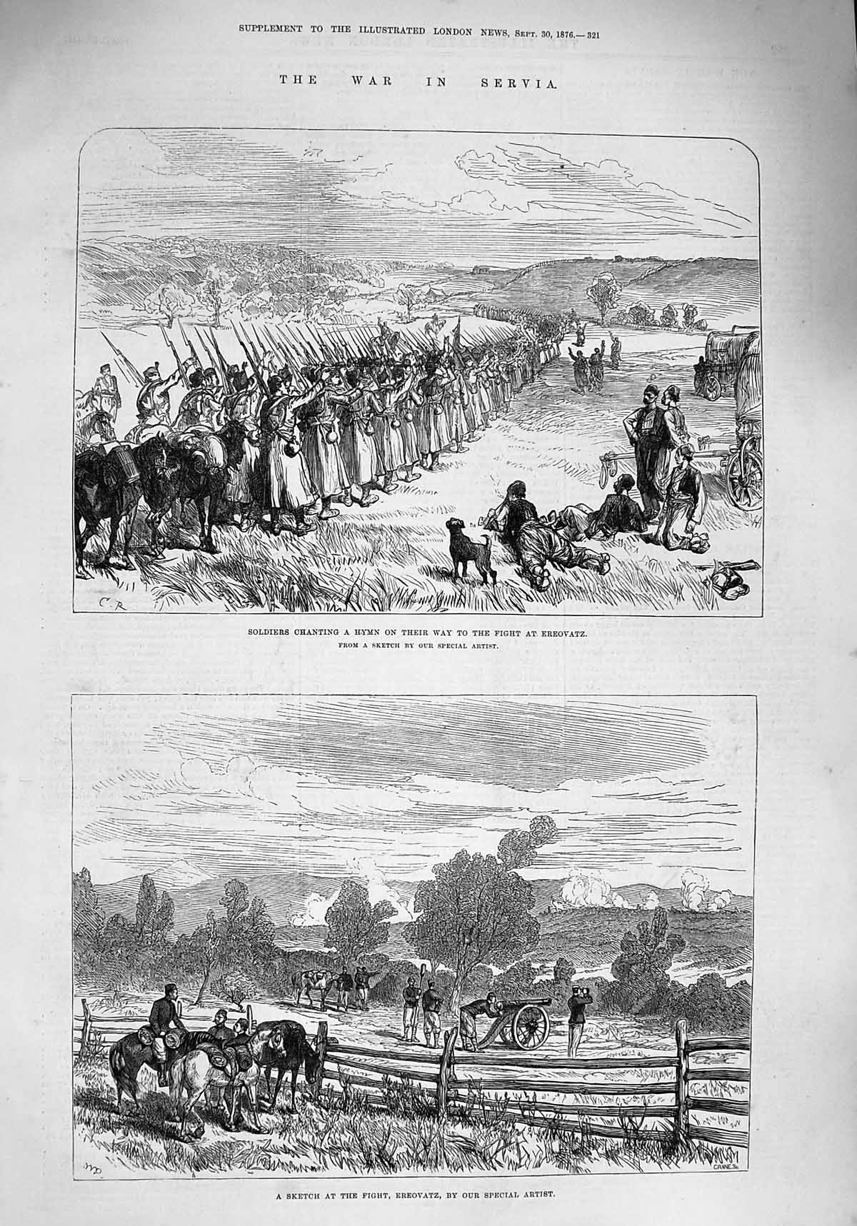 Original Old Antique Print 1876 War Servia Siers Marching Ereovatz Horses 19th