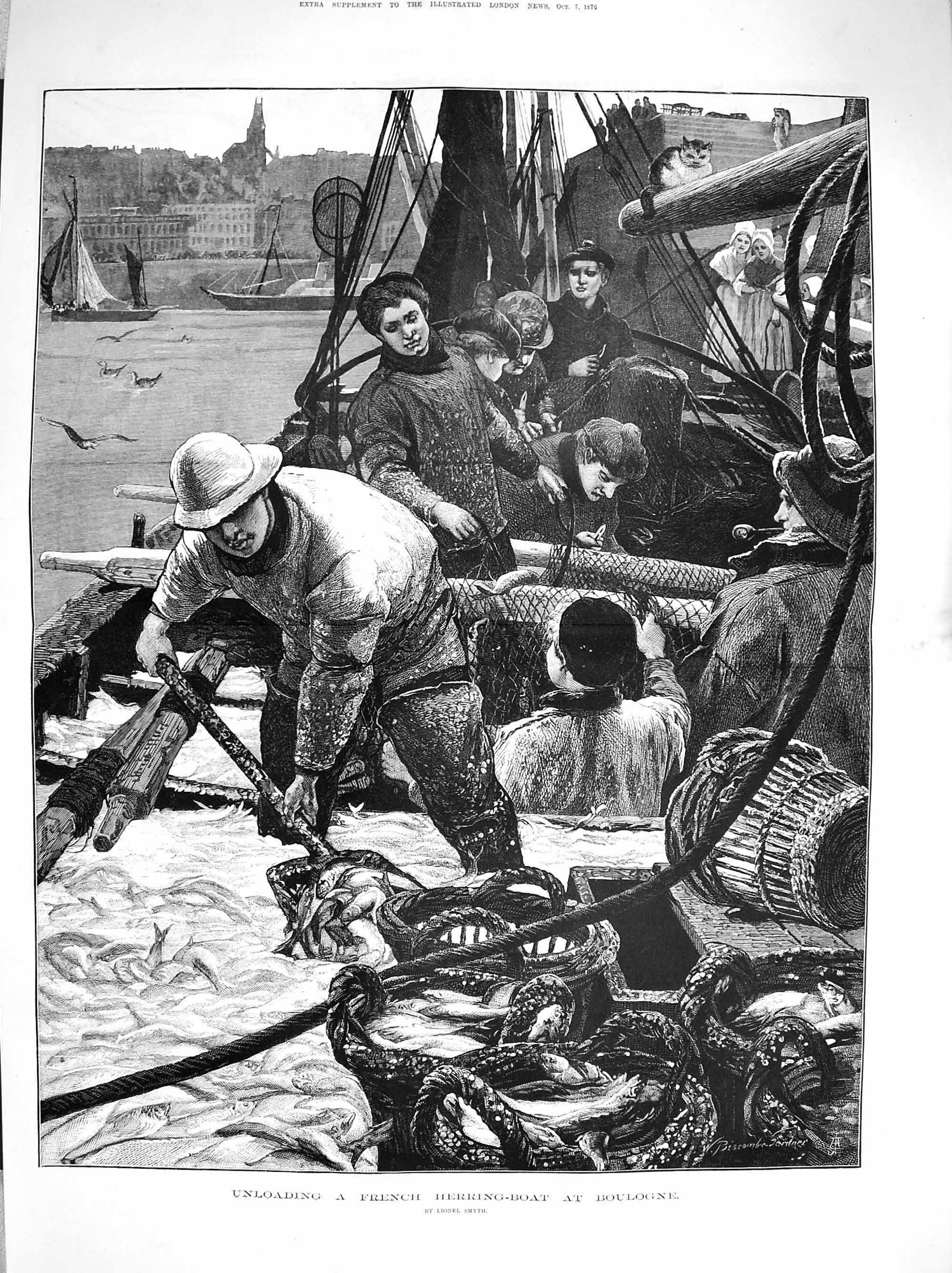 Old Antique Print 1876 Scene Unloading French Herring Boat Boulogne Fish 19th