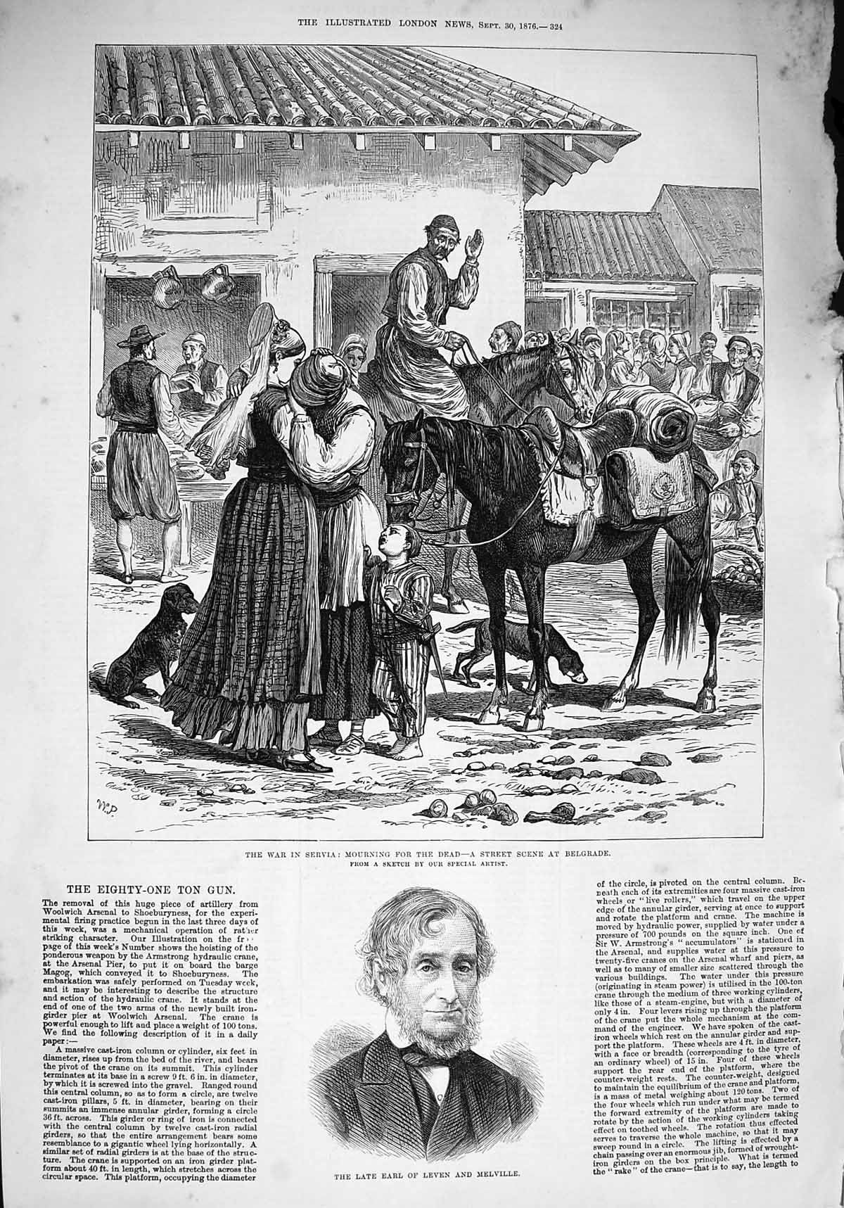 Original Old Antique Print 1876 War Servia Street Belgrade Earl Leven Melville
