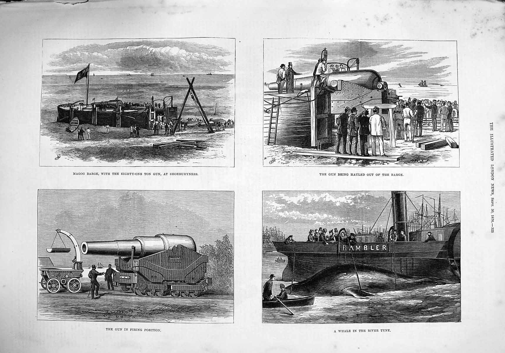 Original Old Antique Print 1876 Magog Barge Gun Shoeburyness Whale River Tyne