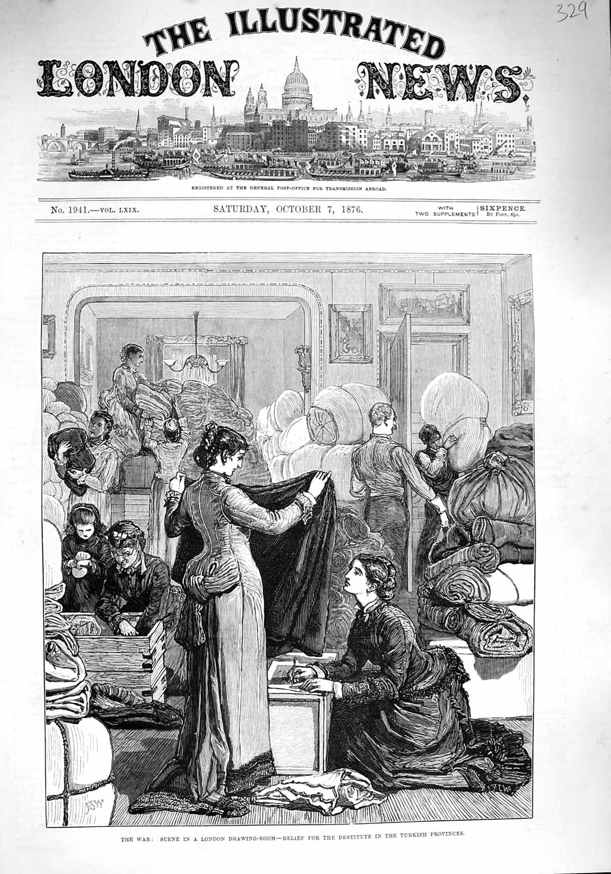 Original Old Antique Print 1876 War London Drawing Room Relief Turkish People