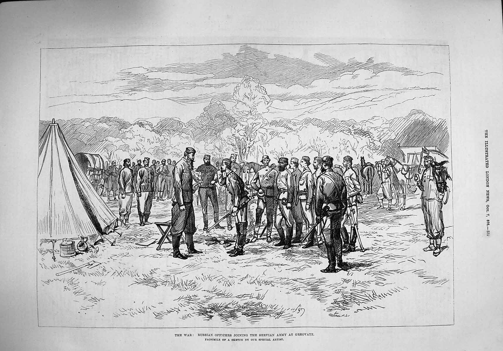 Original Old Antique Print 1876 War Russian Officers Servian Army Greovatz 19th