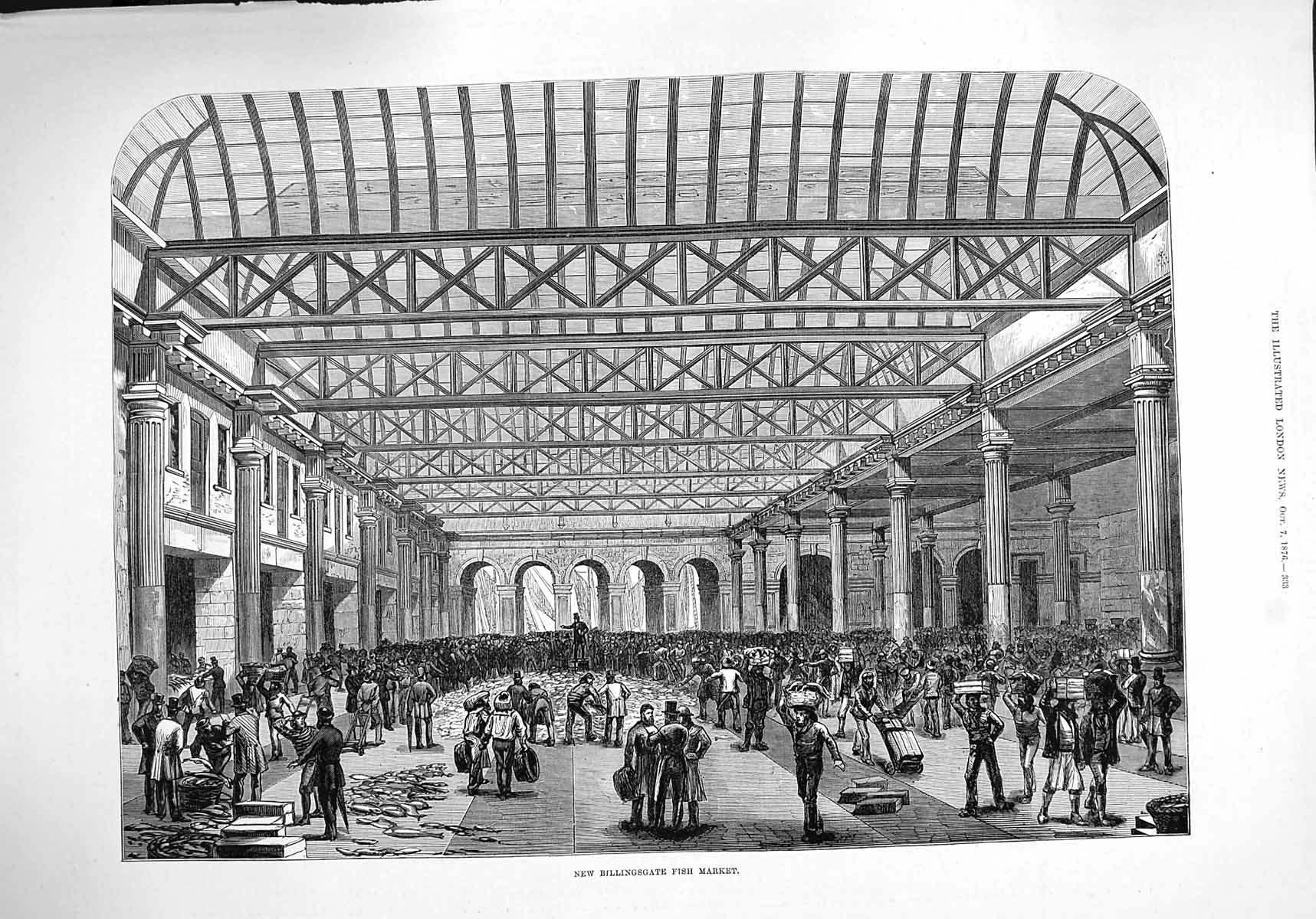 Old Antique Print 1876 Interior New Billingsgate Fish Market Architecture 19th