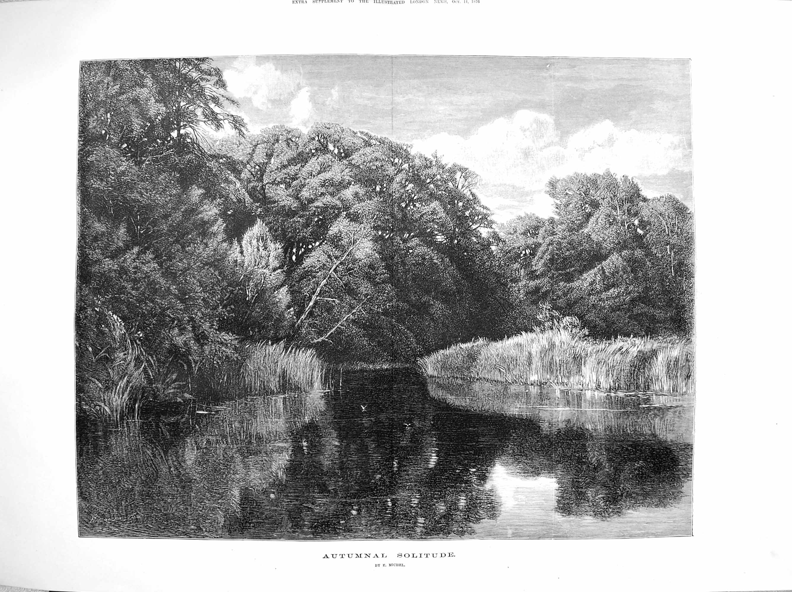 Original Old Antique Print 1876 Autumn Scene River Trees Nature Countryside