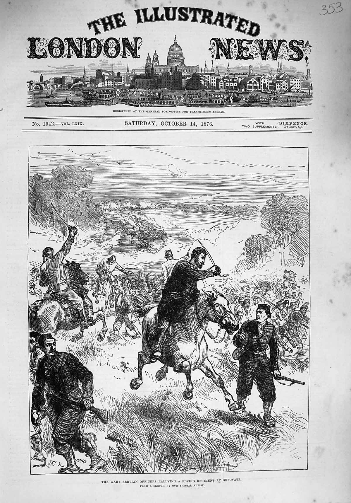 Original Old Antique Print 1876 War Servian Officers Flying Regiment Greovatz
