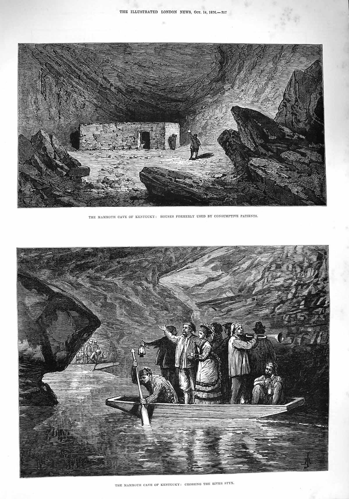 Old Antique Print 1876 Mammoth Cave Kentucky River Styx Crier Alexinatz 19th