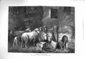 Original Old Antique Print 1876 Otto Gebler Farm Barn Sheep Art Paint Victorian