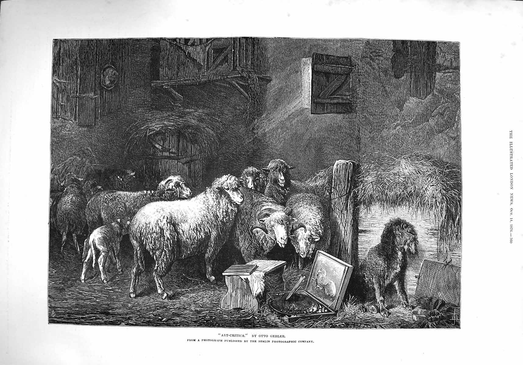 Original Old Antique Print 1876 Otto Gebler Farm Barn Sheep Art Paint Victorian
