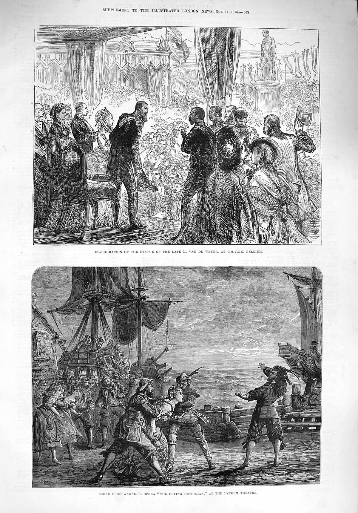 Old Antique Print 1876 Statue Van De Weyer Louvain Belgium Wagner Theatre 19th