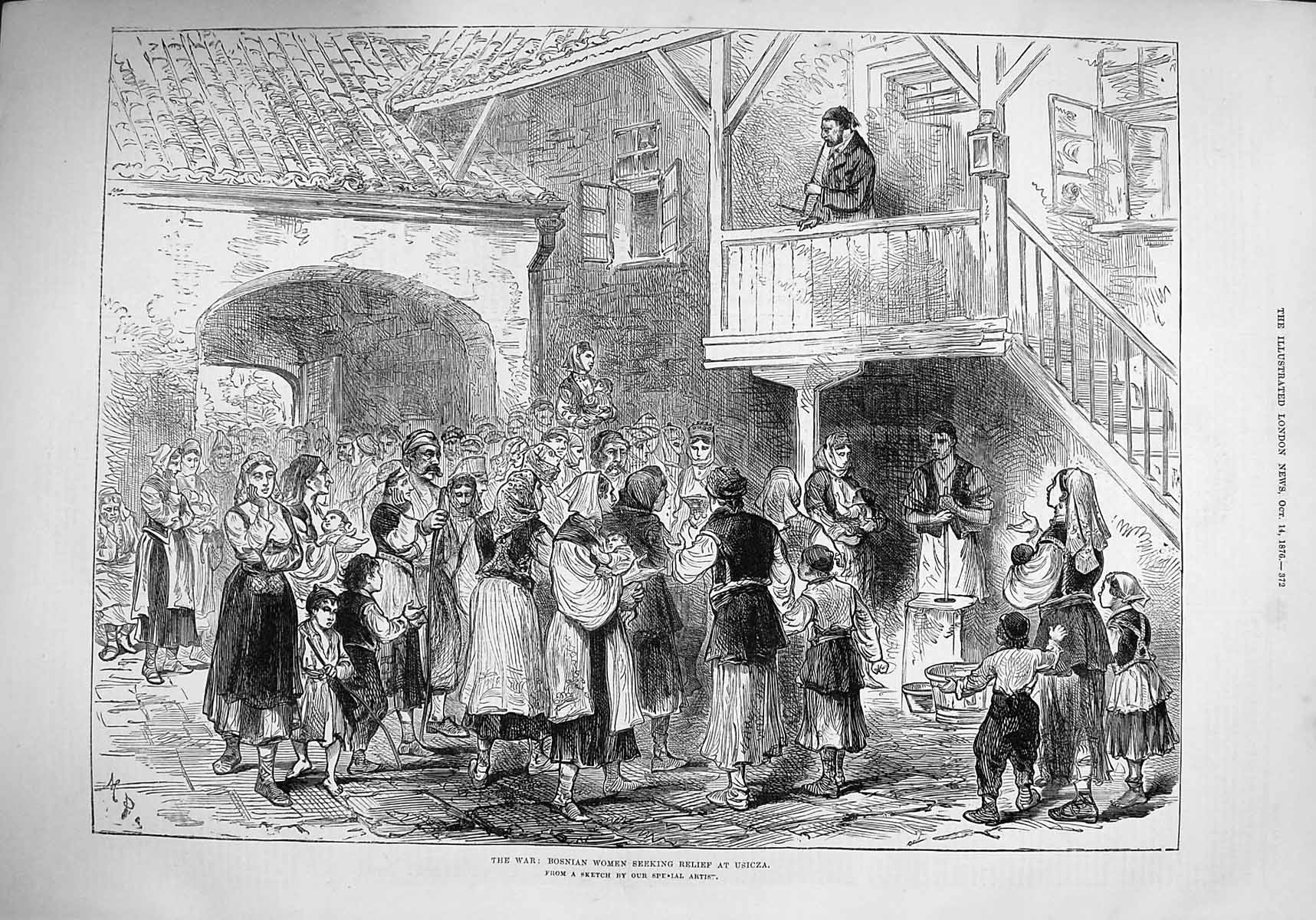 Original Old Antique Print 1876 War Bosnian Women Seeking Relief Usicza 19th