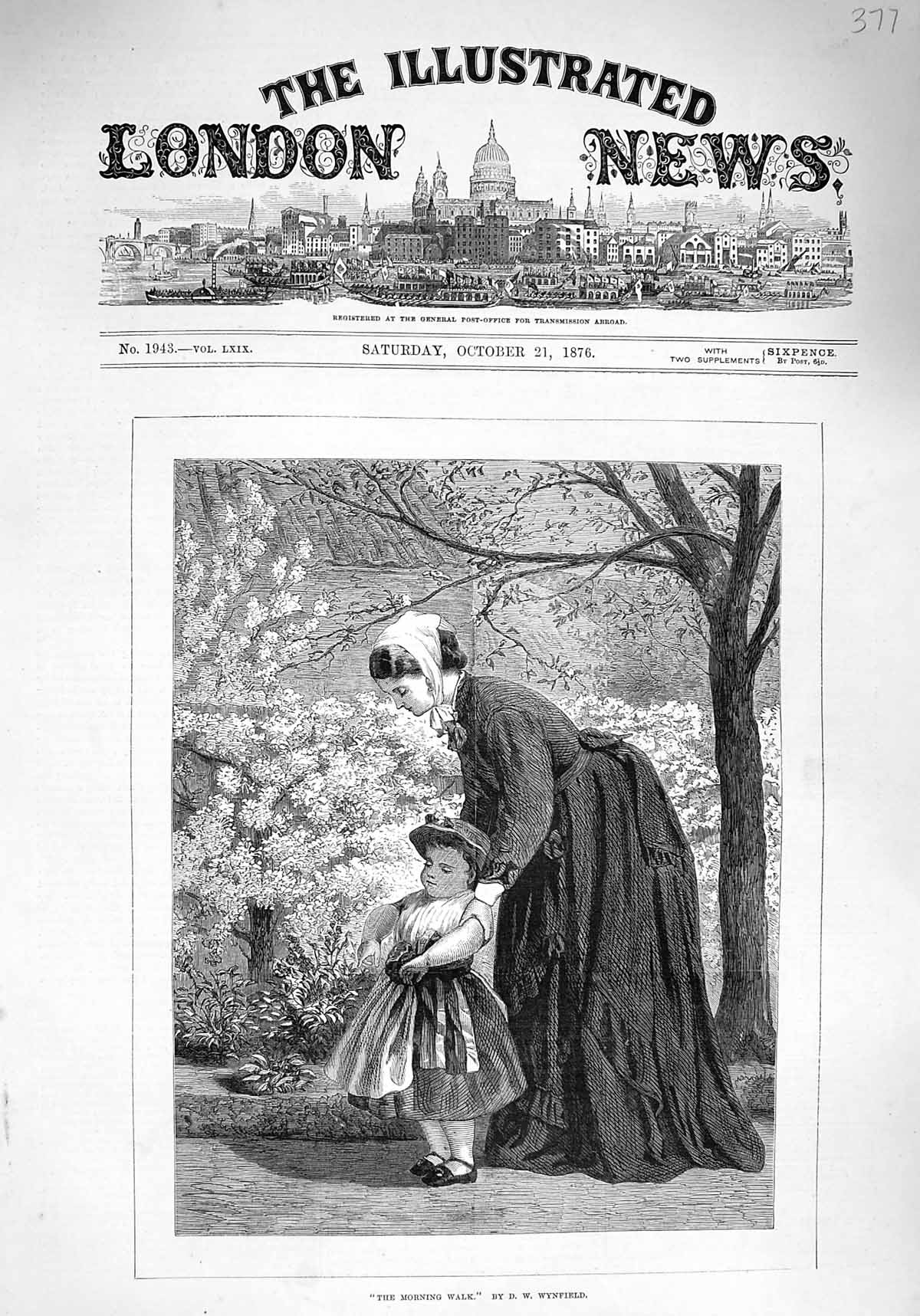 Original Old Antique Print 1876 Morning Walk Little Girl Nanny Garden Victorian