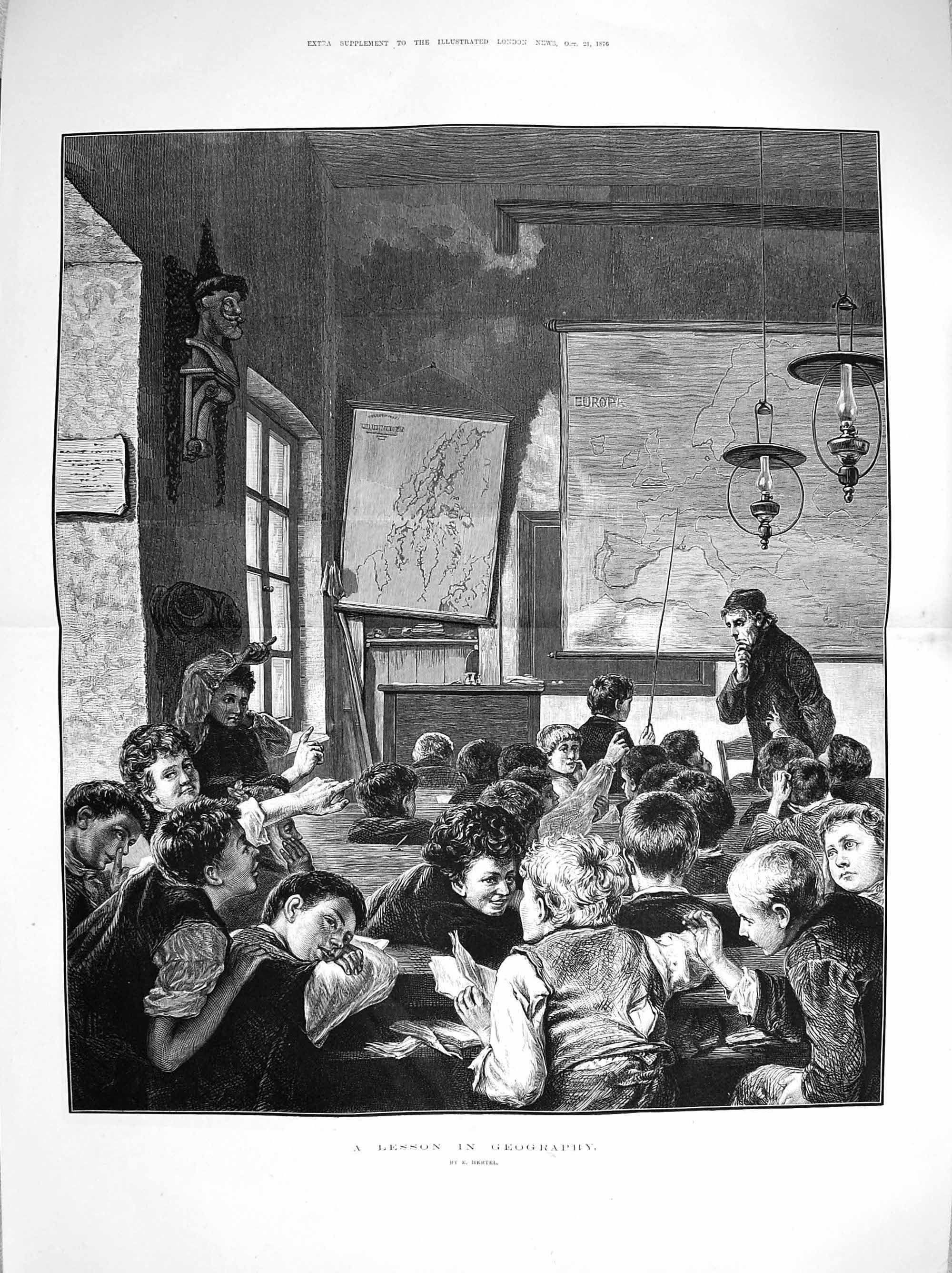 Original Old Antique Print 1876 Lesson Geography Teacher School Children Class