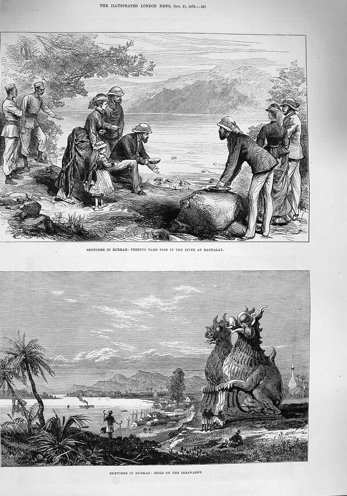 Antique Print *3996 1876 Burmah Feeding Fish River Mandalay Idols Irrawaddy