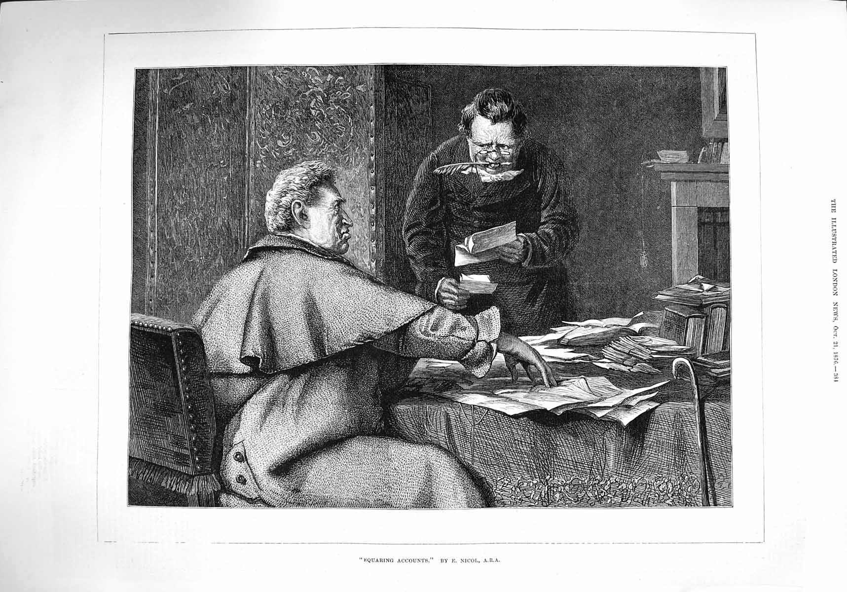 Original Old Antique Print 1876 Squaring Accounts Monks Men Nicol Fine Art 19th