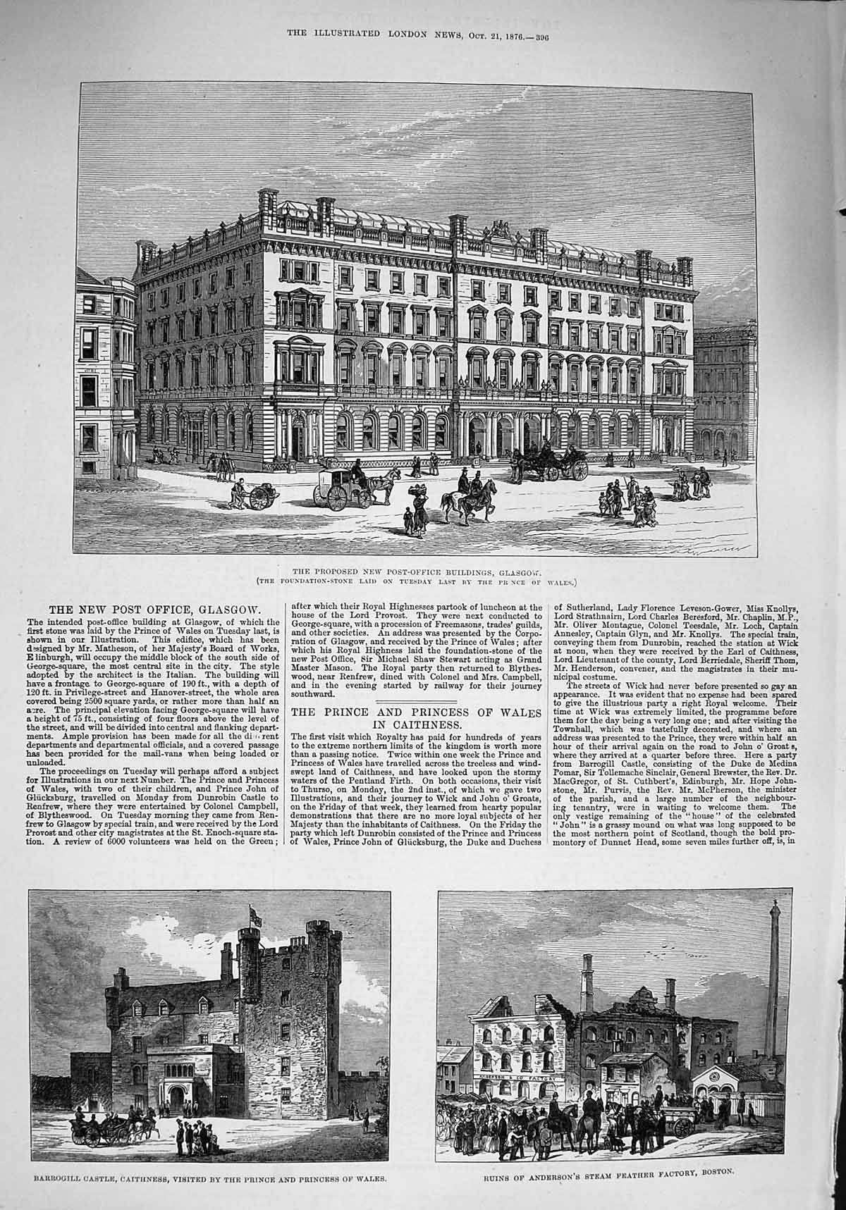 Old Antique Print 1876 Post Office Glasgow Wilberforce Church Tweeddale 19th