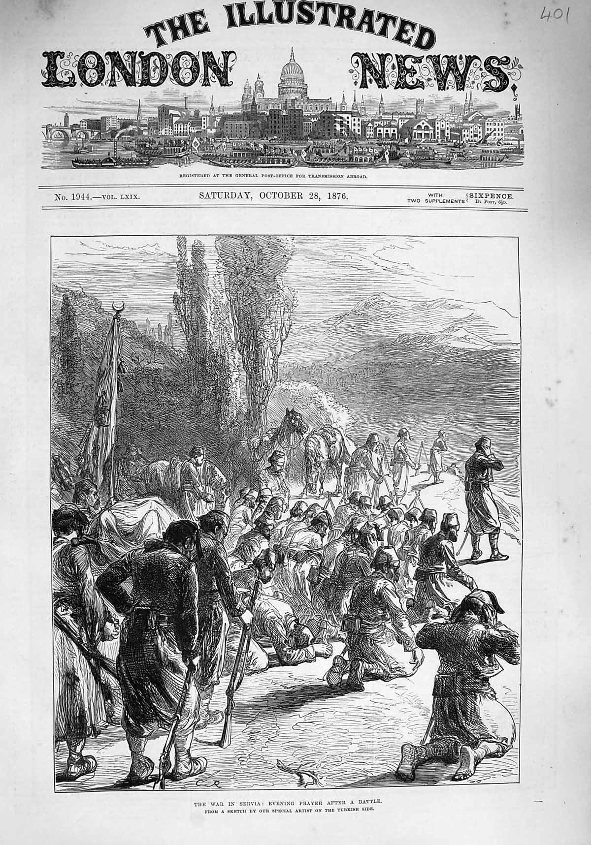 Original Old Antique Print 1876 War Servia Evening Prayer After Battl Victorian