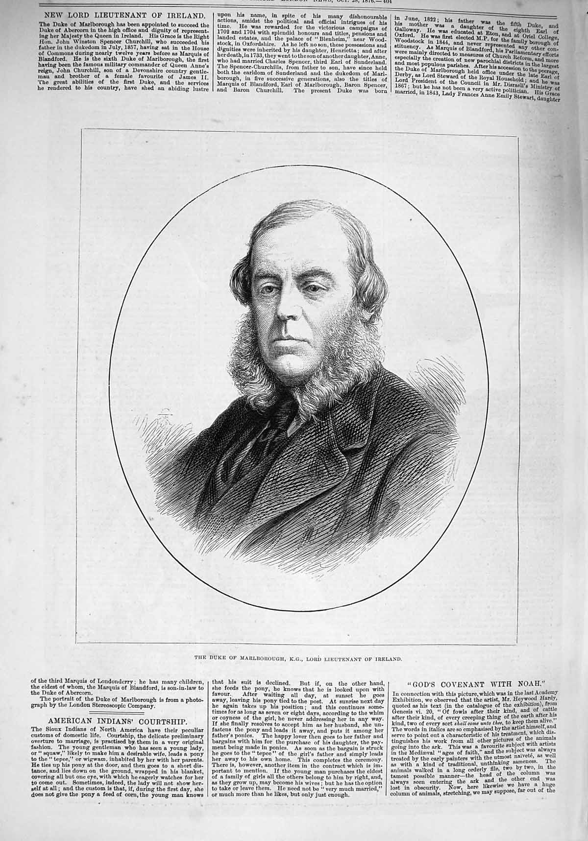 Old Antique Print 1876 Portrait Duke Marlborough Lord Lieutenant Ireland 19th