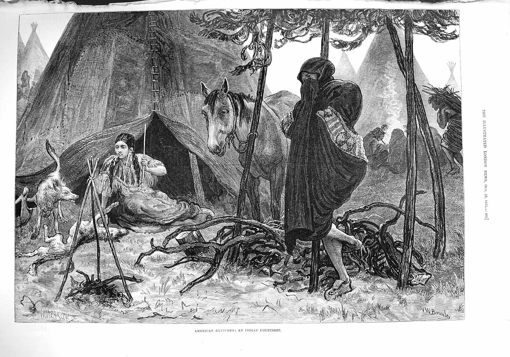 Old Antique Print 1876 Indian Courtship America Camp Horse Dog Fine Art 19th
