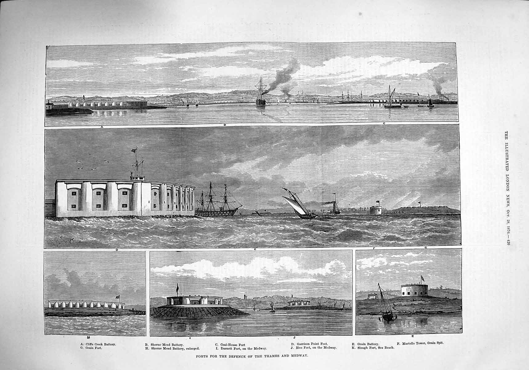 Original Old Antique Print 1876 Forts Cliffe Creek Shorne Mead Darnett M 19th