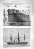 Old Antique Print 1876 Launch Ship Bucchante Portsmouth H.M.S. Boadicea 19th