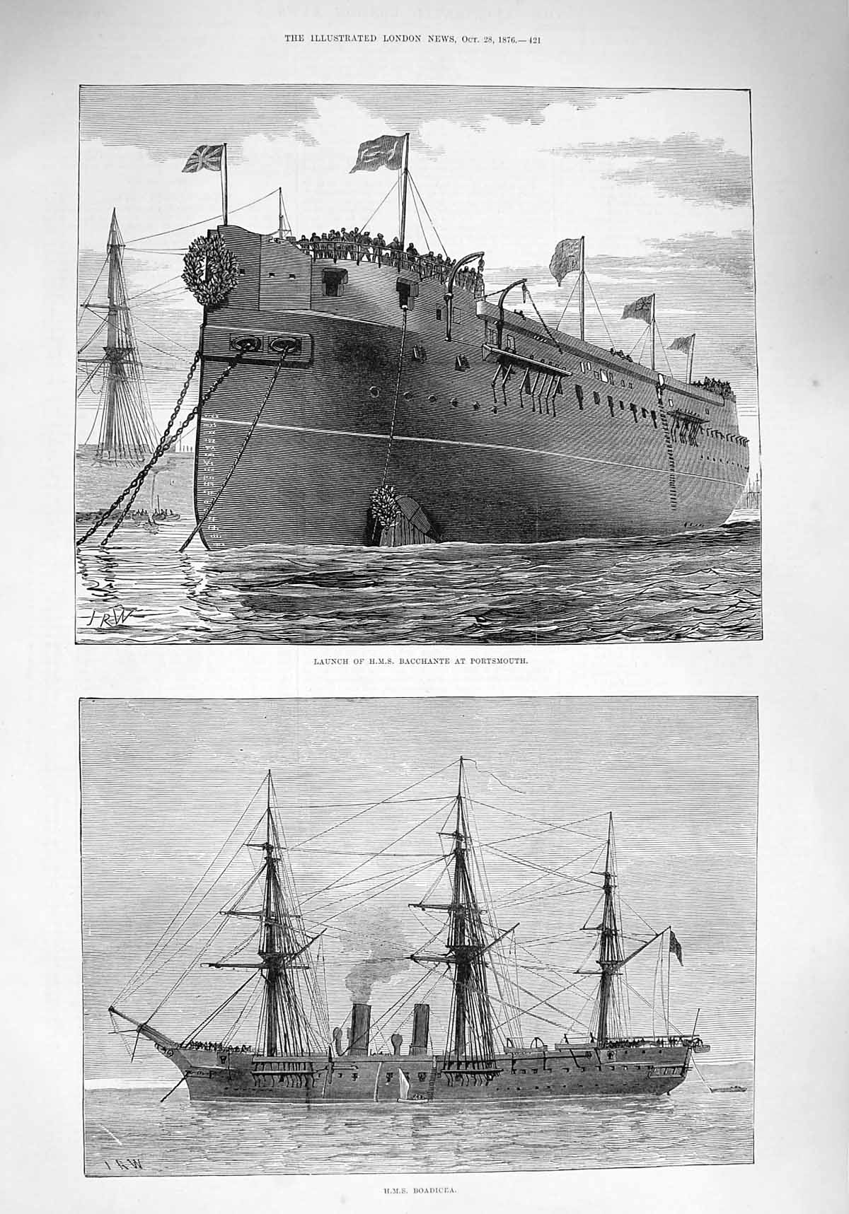 Old Antique Print 1876 Launch Ship Bucchante Portsmouth H.M.S. Boadicea 19th