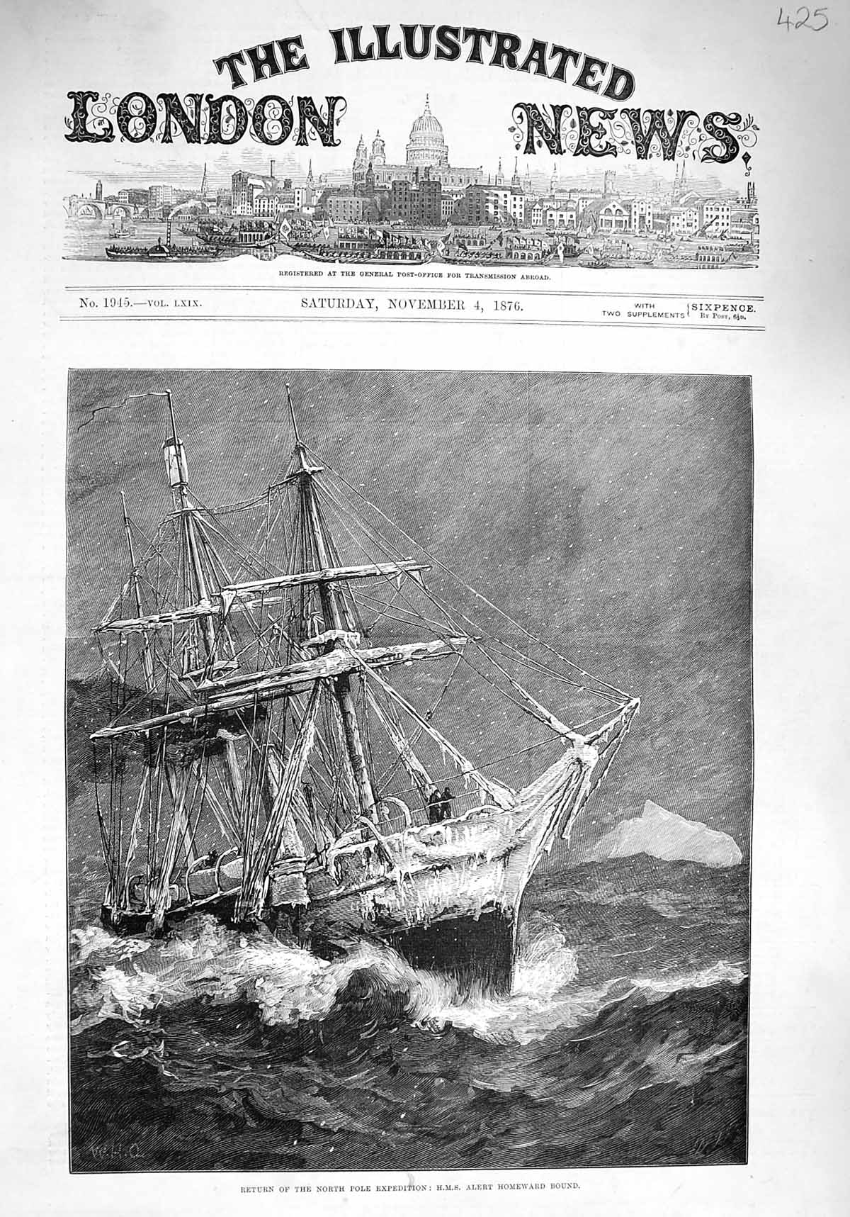 Original Old Antique Print 1876 North Pole Expedition Ship H.M.S. Alert Ice Sea