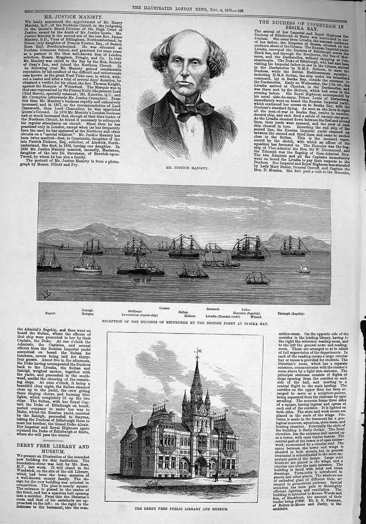 Old Antique Print 1876 Justice Manisty Derby Museum Ships Sultan Rupert 19th
