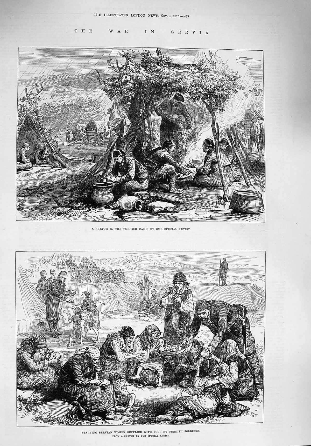 Original Old Antique Print 1876 War Servia Turkish Camp Starving Women Siers