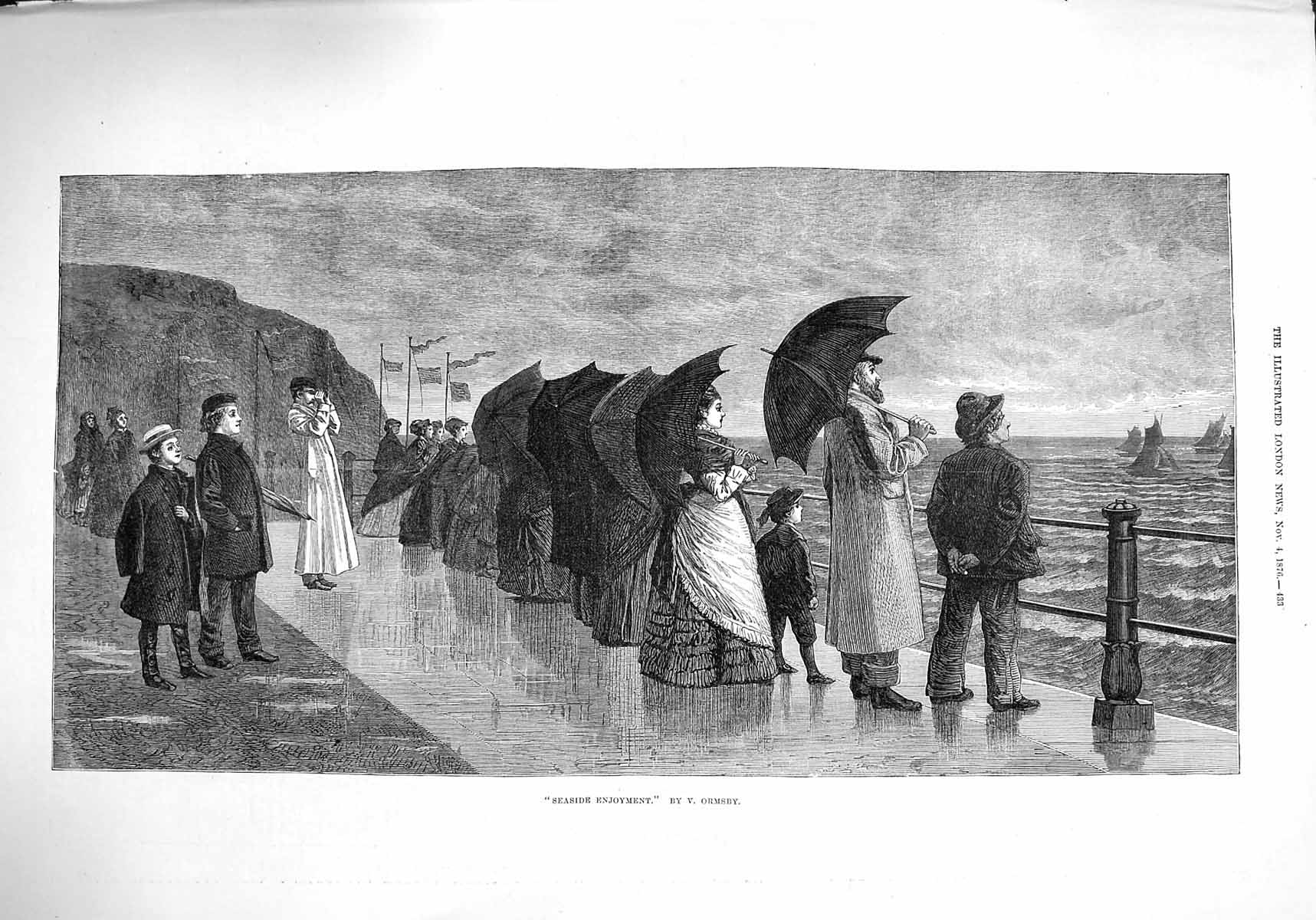 Old Antique Print 1876 Seaside Enjoyment Yachts Umbrellas Ormsby Fine Art 19th