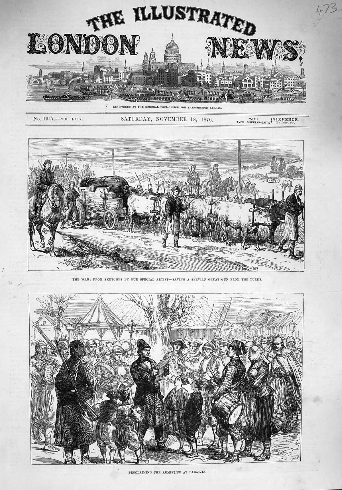 Original Old Antique Print 1876 War Servian Gun Turks Armistice Paratjin Siers