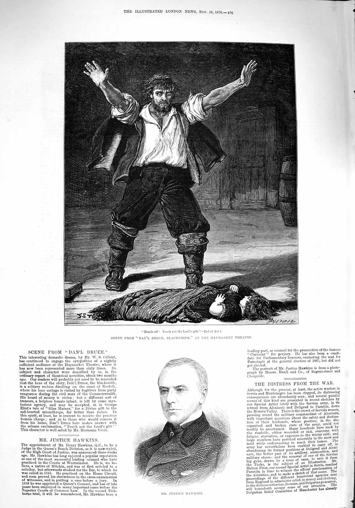 Original Old Antique Print 1876 Justice Hawkins Haymarket Theatre Druce Bla 19th