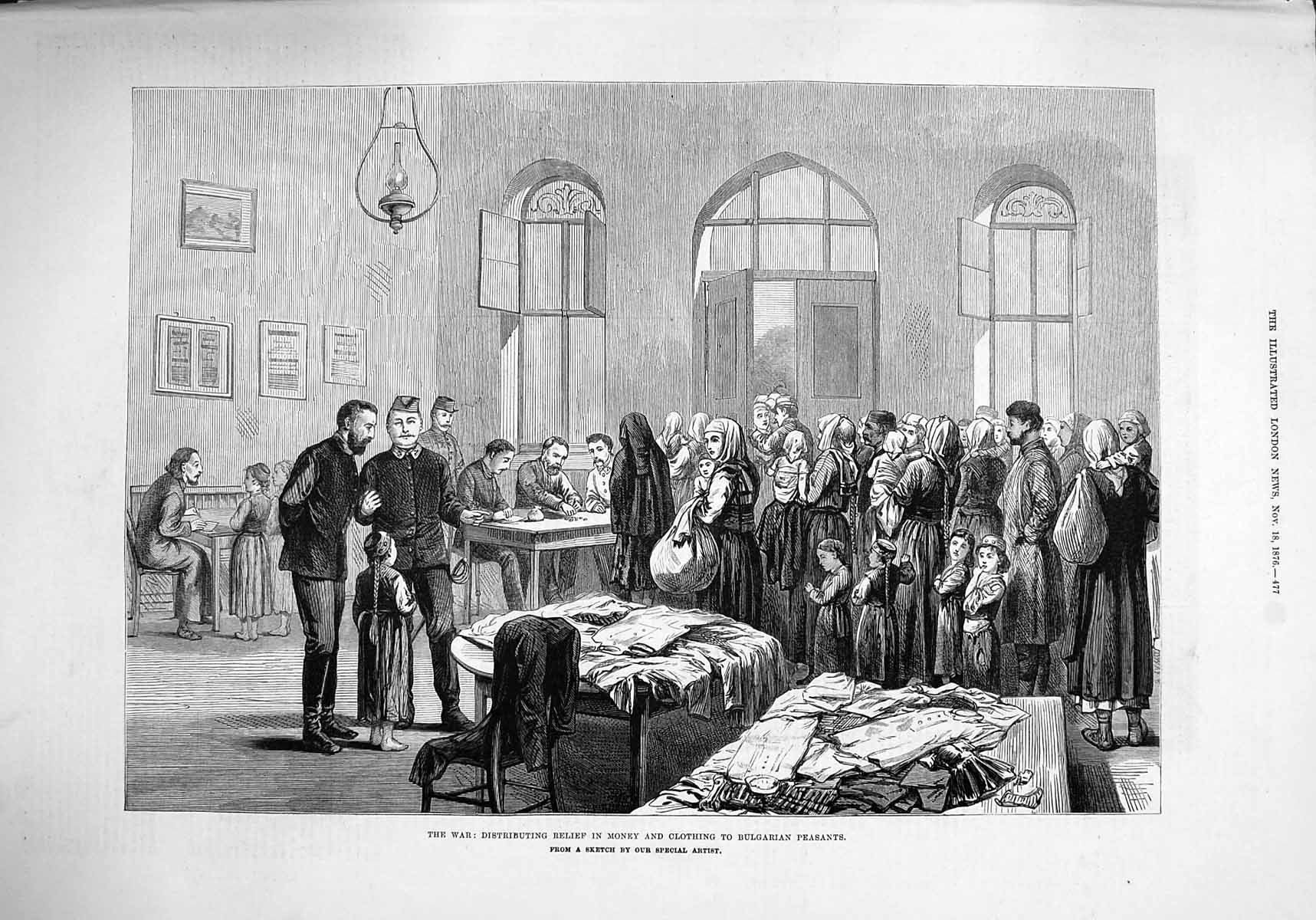 Original Old Antique Print 1876 War Relief Money Clothing Bulgarian Peasants