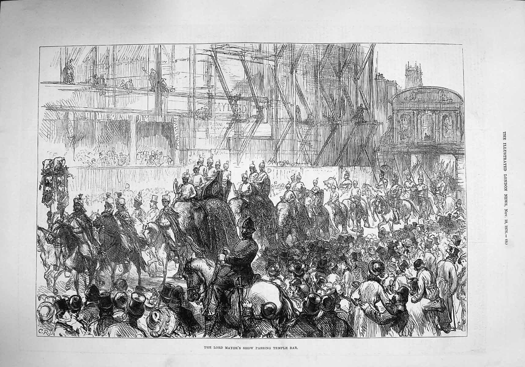 Original Old Antique Print 1876 Lord Mayor Show Procession Passing Temple Bar