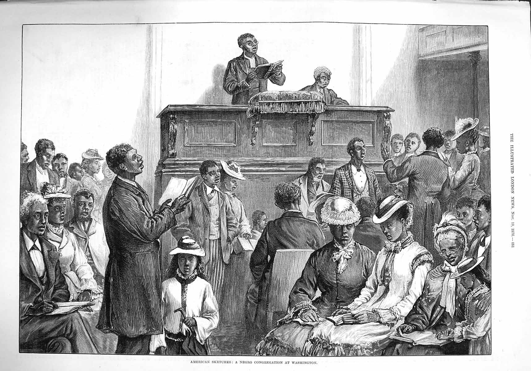 Original Old Antique Print 1876 Negro Congregation Washington America Fine Art