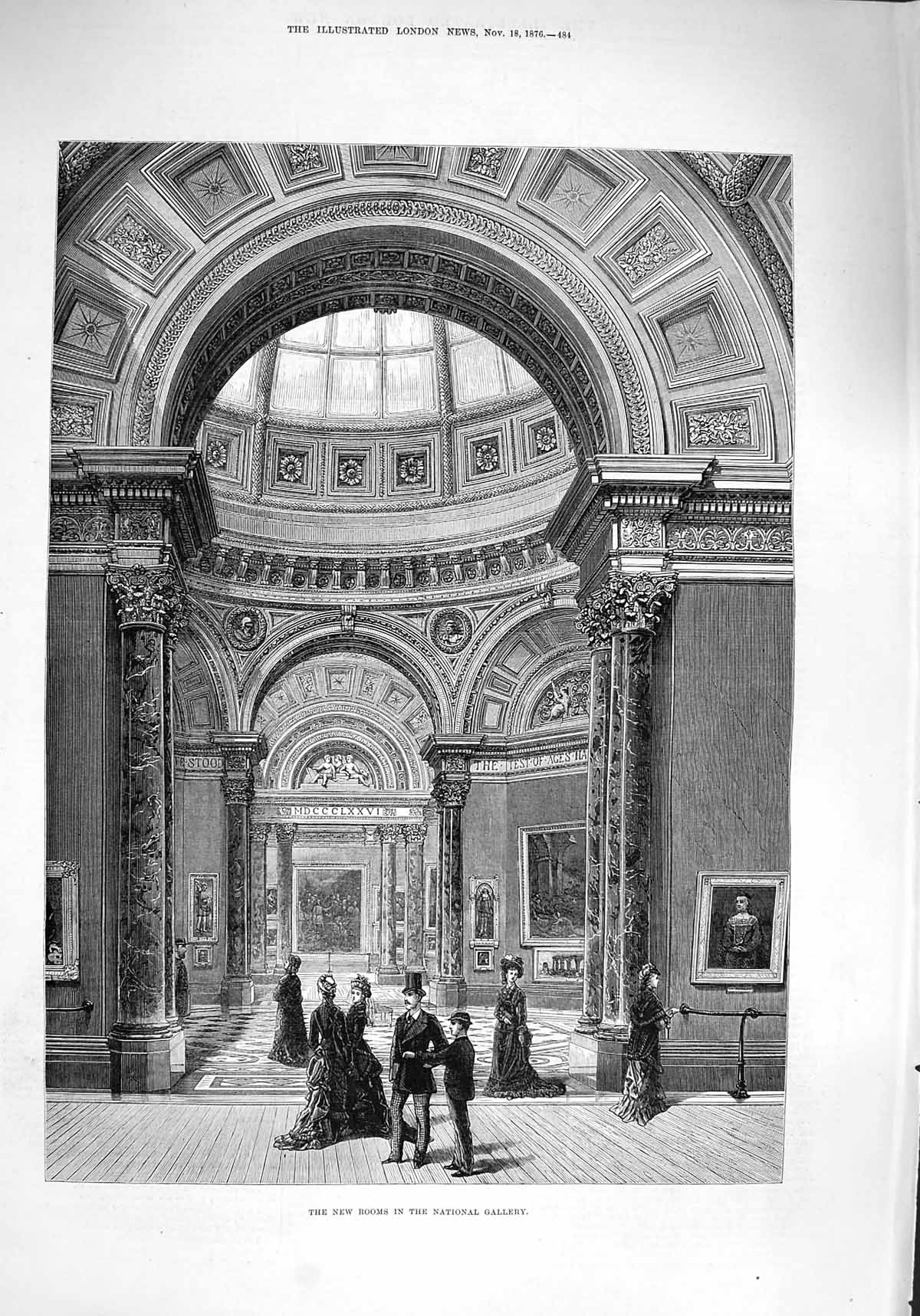 Original Old Antique Print 1876 New Rooms National Gallery Art Architecture