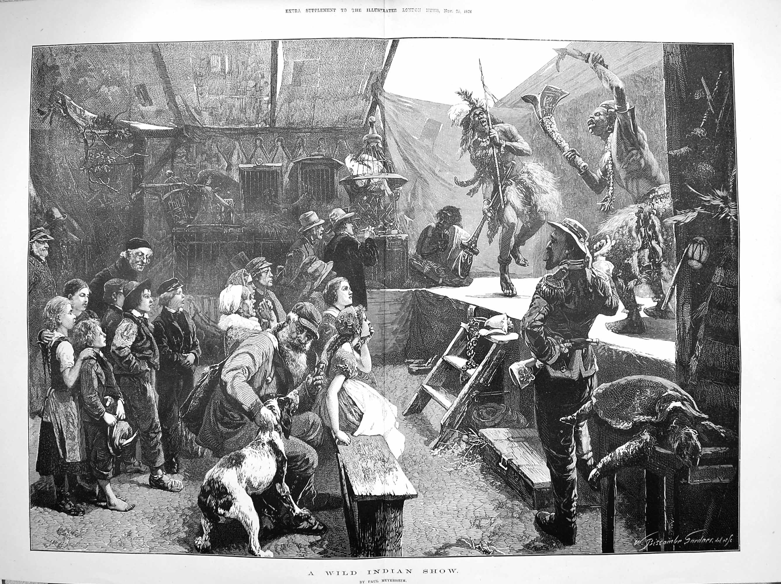 Original Old Antique Print 1876 Wild Indian Show Dancing Audience Fine Art
