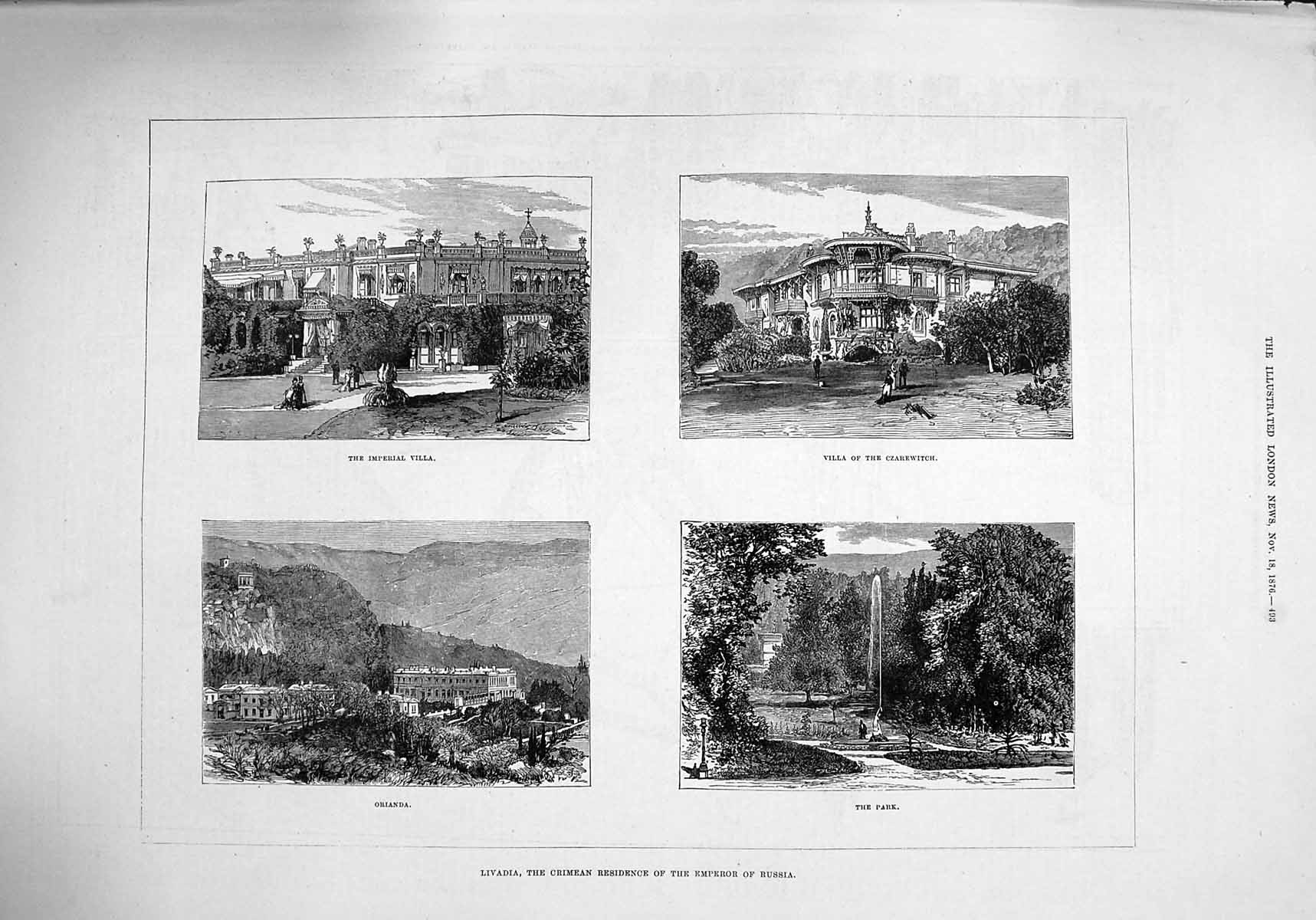 Antique Old Print *3995 1876 Livadia Crimean Residence Emperor Russia Villa