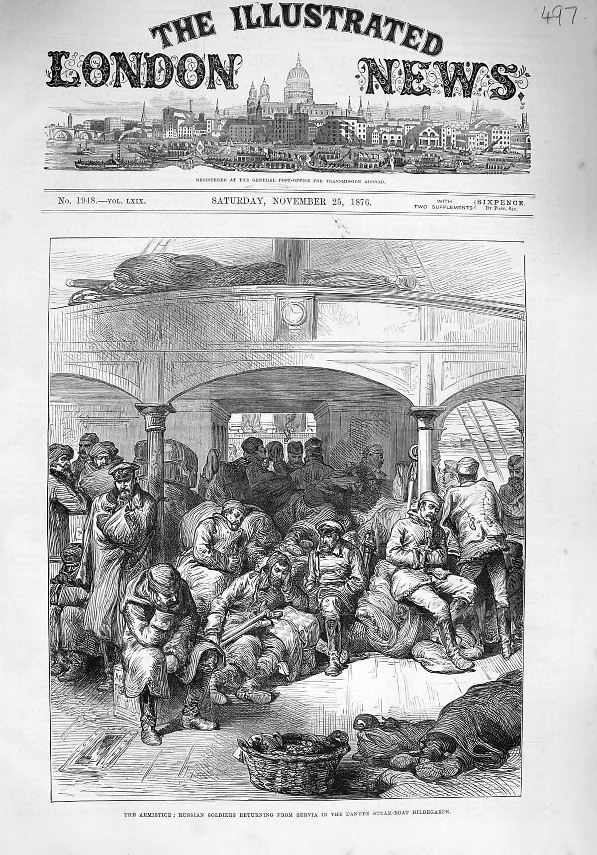 Original Old Antique Print 1876 Armistice Russian Siers Servia Hildegarde Ship
