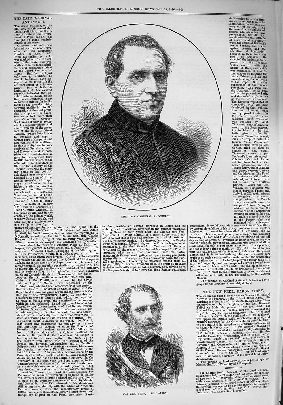 Original Old Antique Print 1876 Cardinal Antonelli Peer Baron Airey Portrait