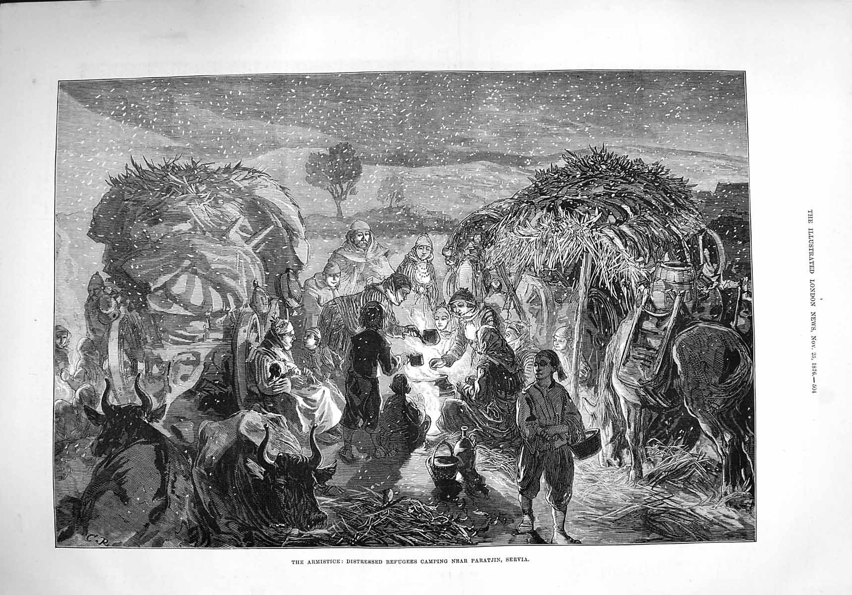 Old Antique Print 1876 Armistice Distressed Refugees Camp Paratjin Servia 19th