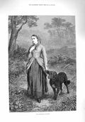 Original Old Antique Print 1876 Portrait Gamekeepers Daughter Dog Trees Country