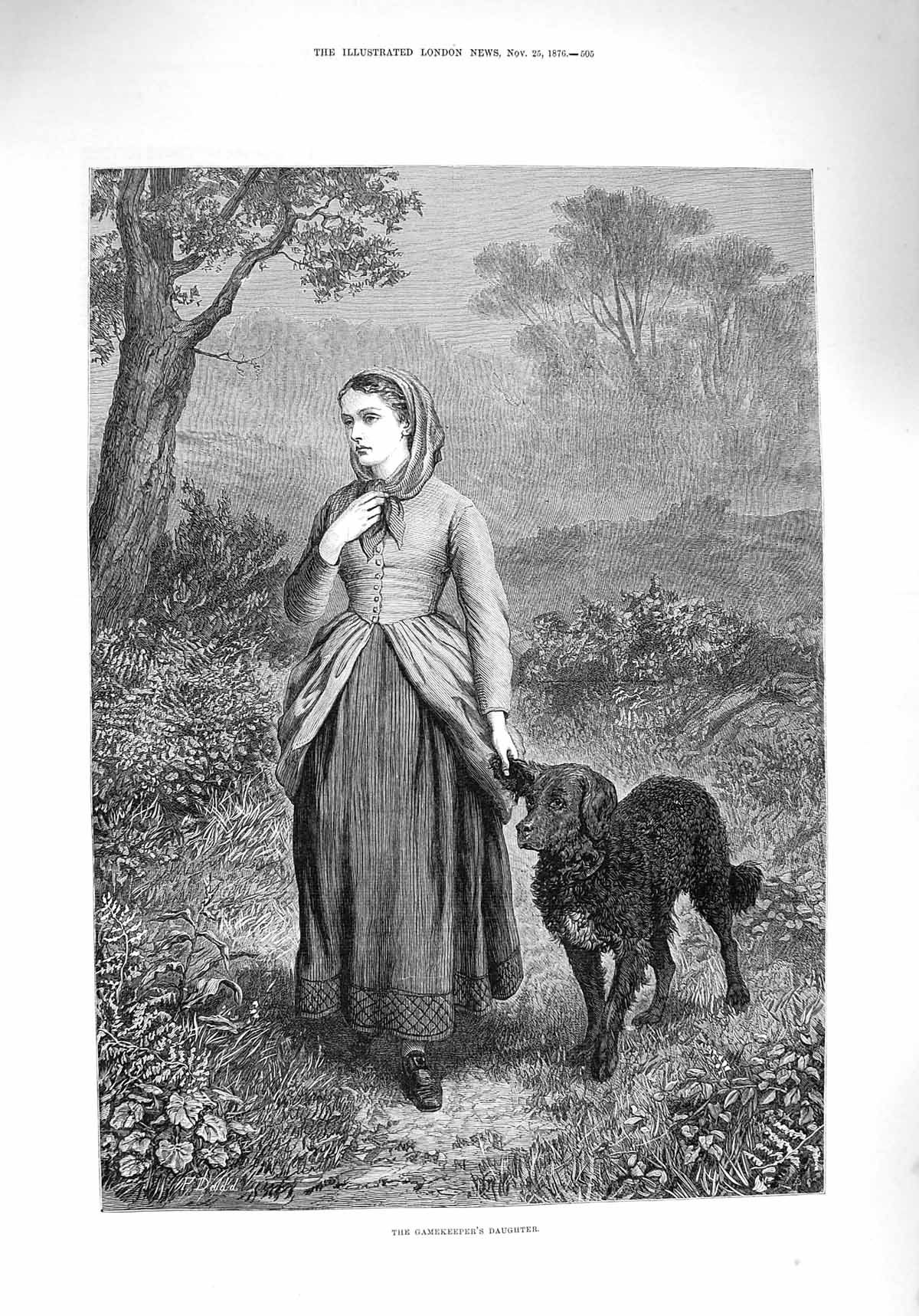 Original Old Antique Print 1876 Portrait Gamekeepers Daughter Dog Trees Country
